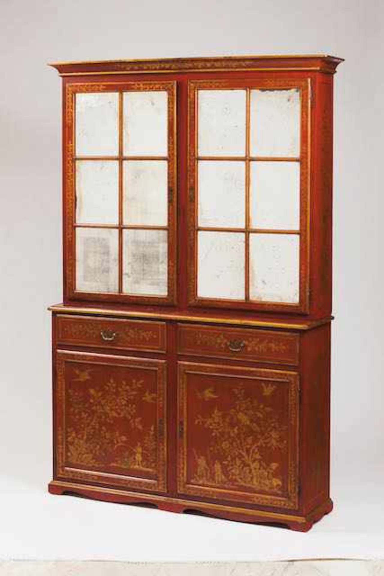 A cupboardLacquered wood of chinoiserie decorationTwo mirrored doors to upper sectionTw