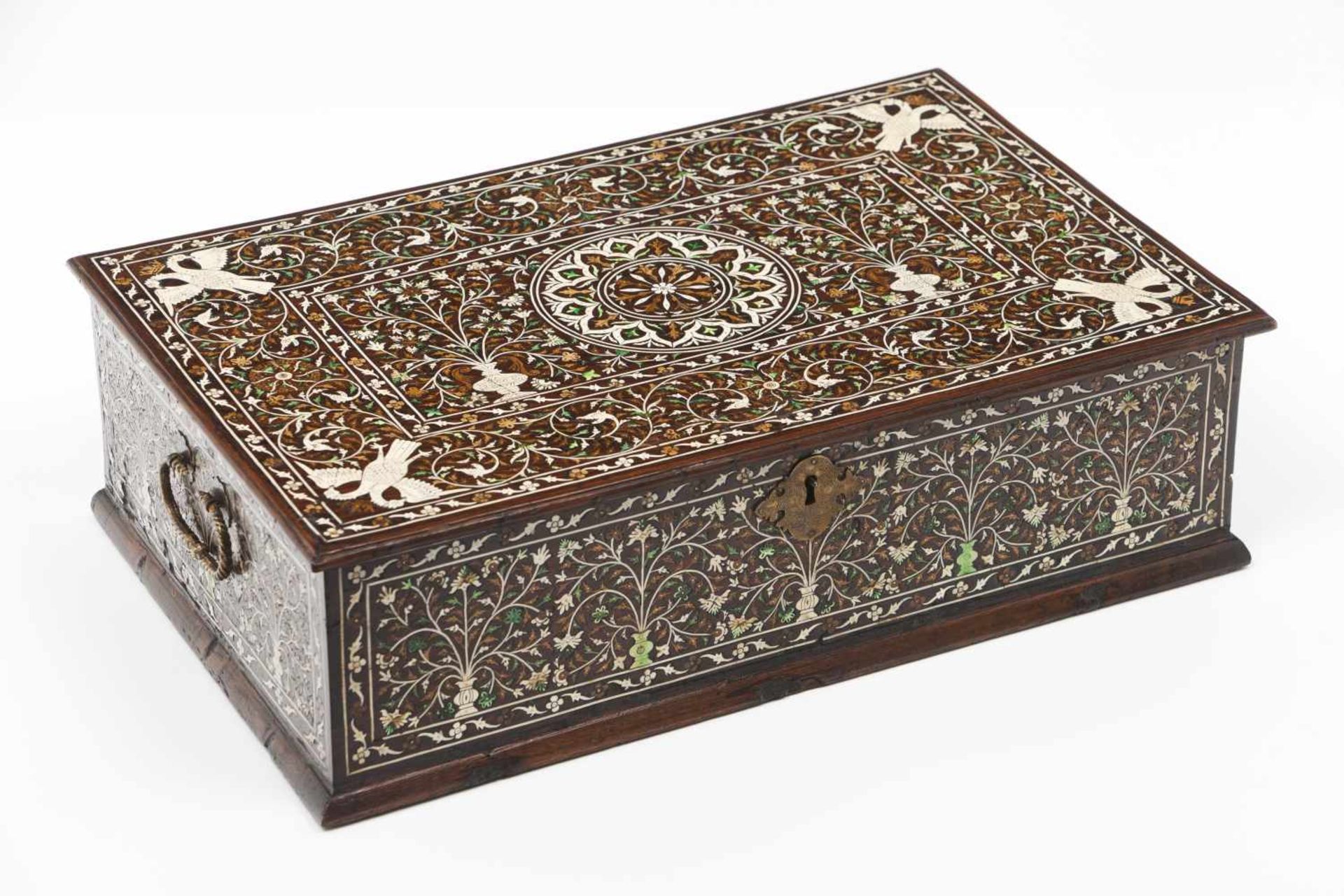 A Moghul boxTeak and sissooExuberant foliage scroll decoration in white and dyed ivoryC