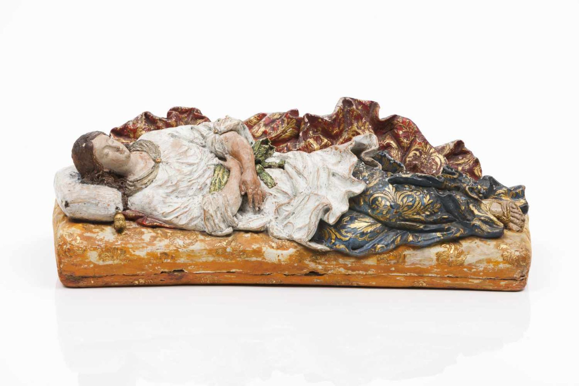 The Dead Virgin MaryTerracotta sculpturePolychrome and gilt decorationIon a wooden stan