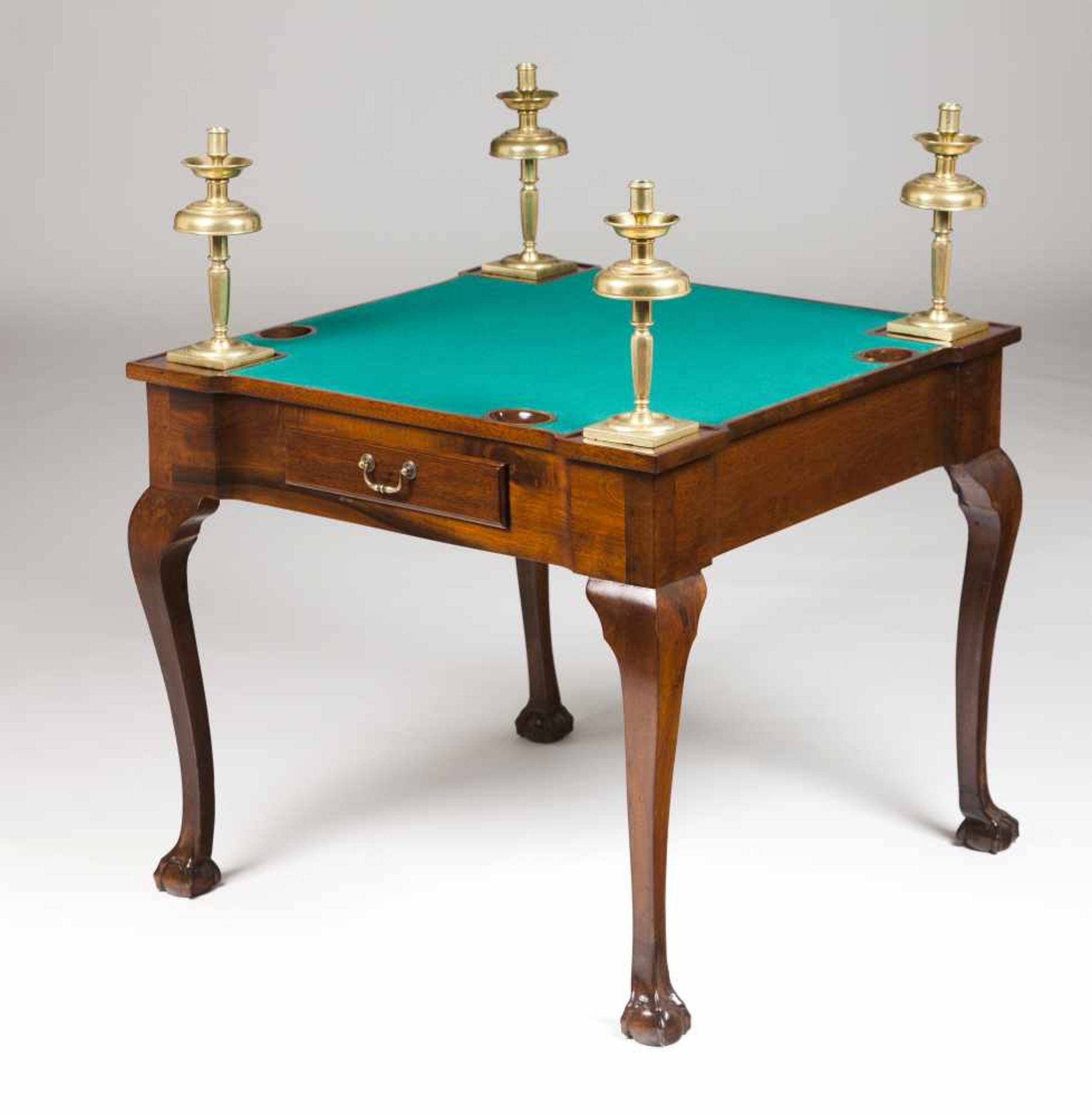 A George III style card tableWalnutGreen baize lined top with four gilt metal candle stands