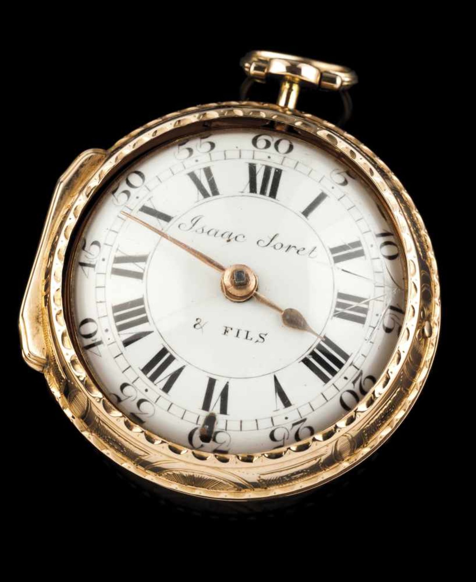 A verge pocket watch Gold 750/000Verge pocket watch by "Isaac Sorel" with engraved case, de