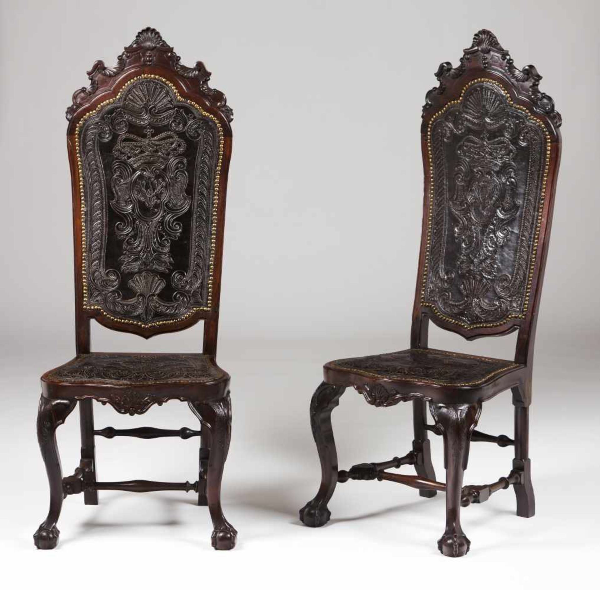 A pair of tall D.José style chairsRosewoodPart carved with shell decorative motifsClaw