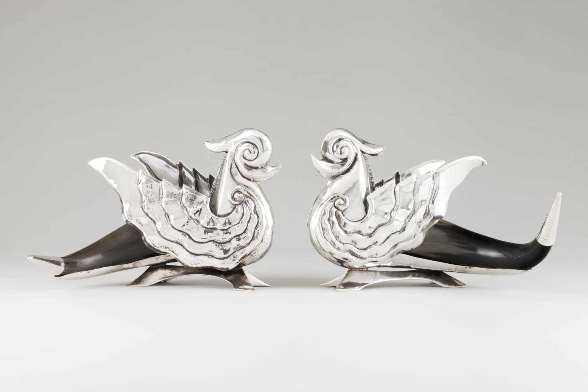 A pair of griffinsHorn and silverRaised, engraved and chiselled decorationOporto hallma