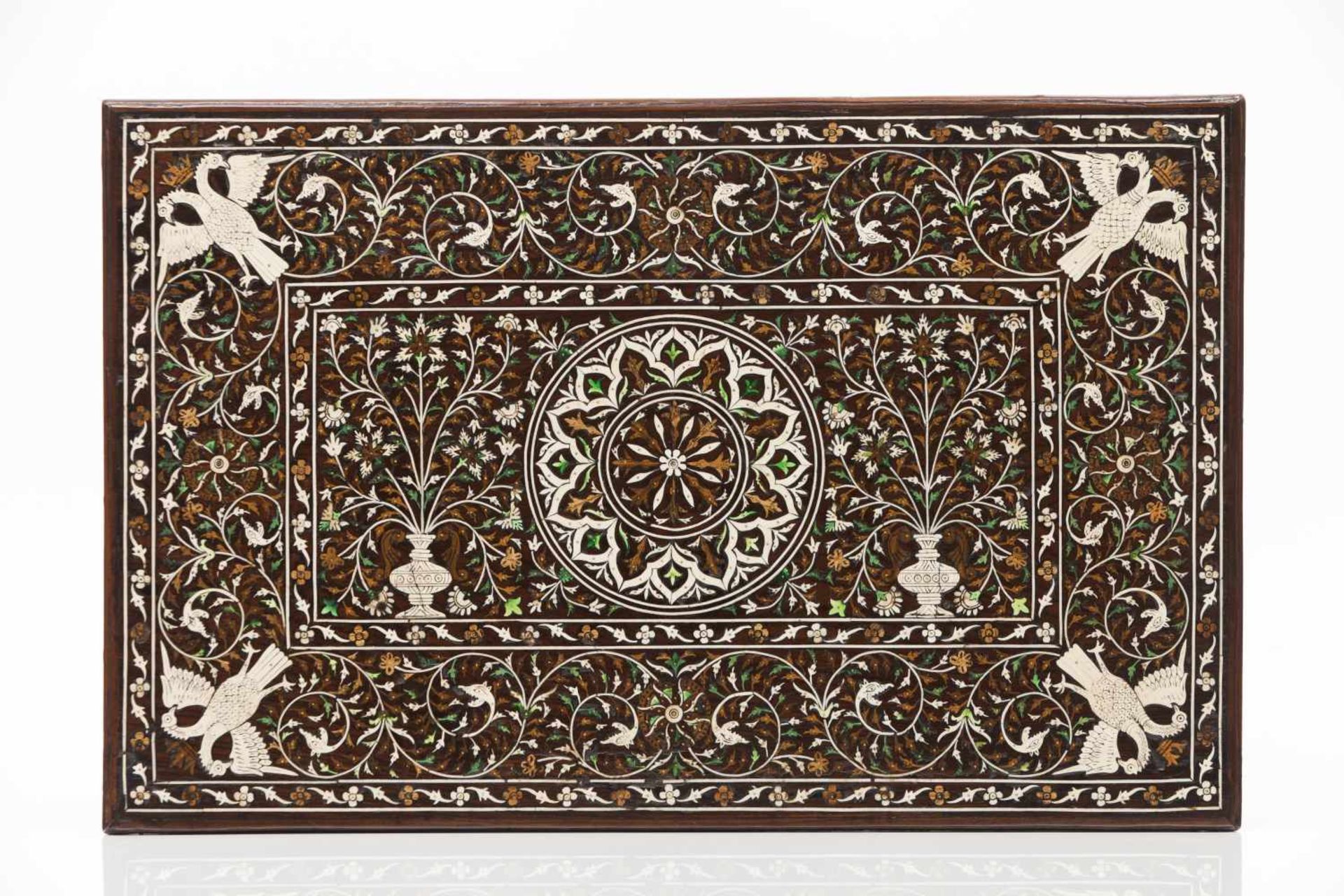 A Moghul boxTeak and sissooExuberant foliage scroll decoration in white and dyed ivoryC - Image 3 of 6