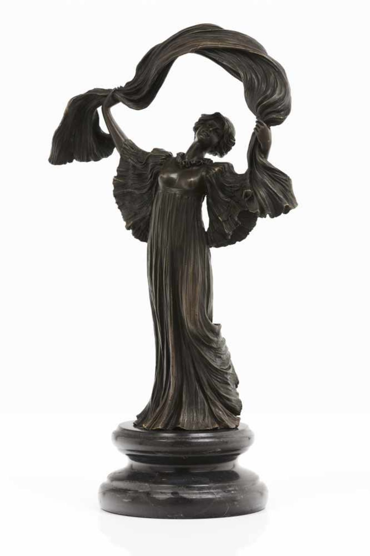 "Danseuse à l'écharpe, genou levé"Patinated bronze sculptureSigned, possibly Agathon Léonar