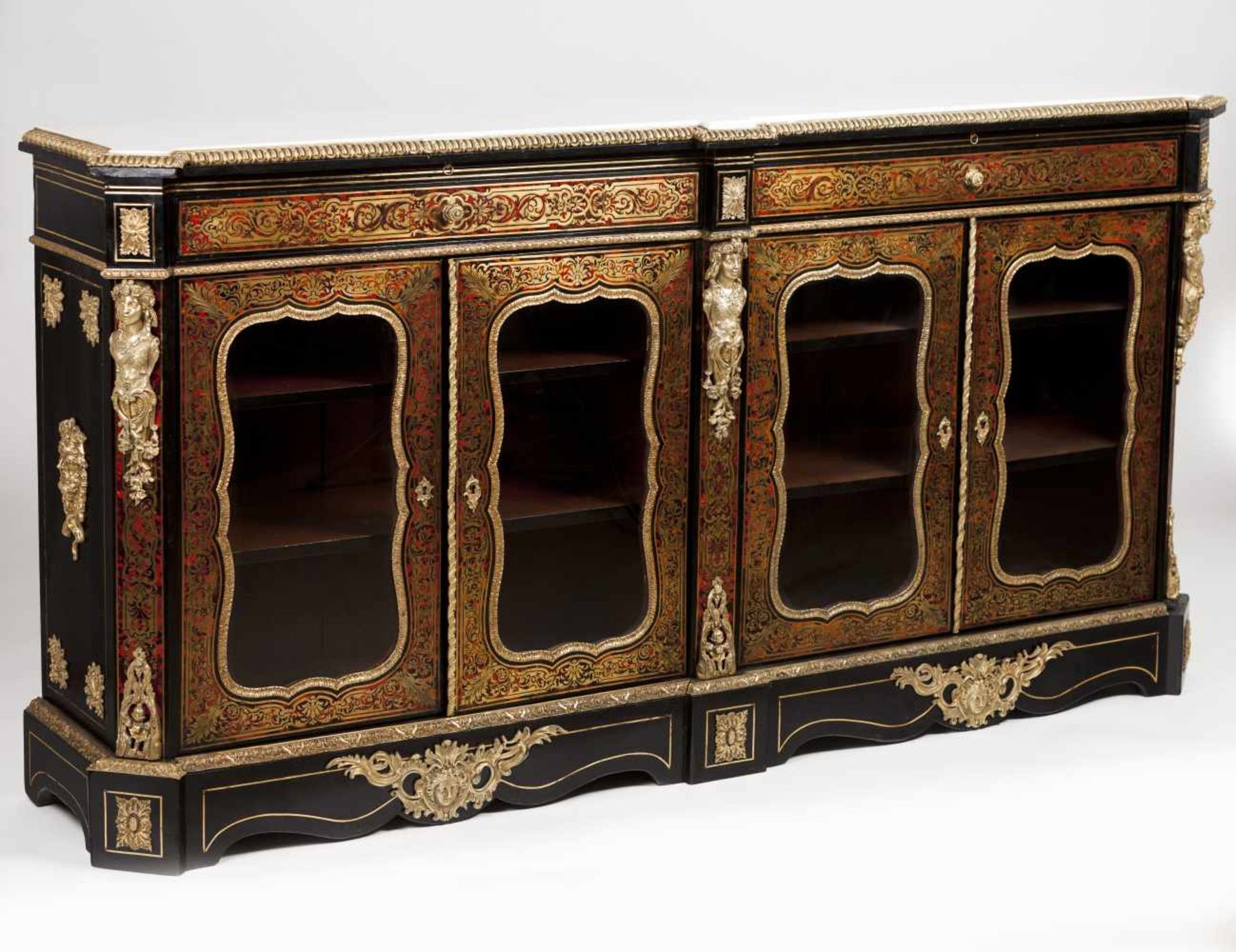 A Boulle style sideboardEbonised wood with tortoiseshell and brass marquetry in the Andre Charl