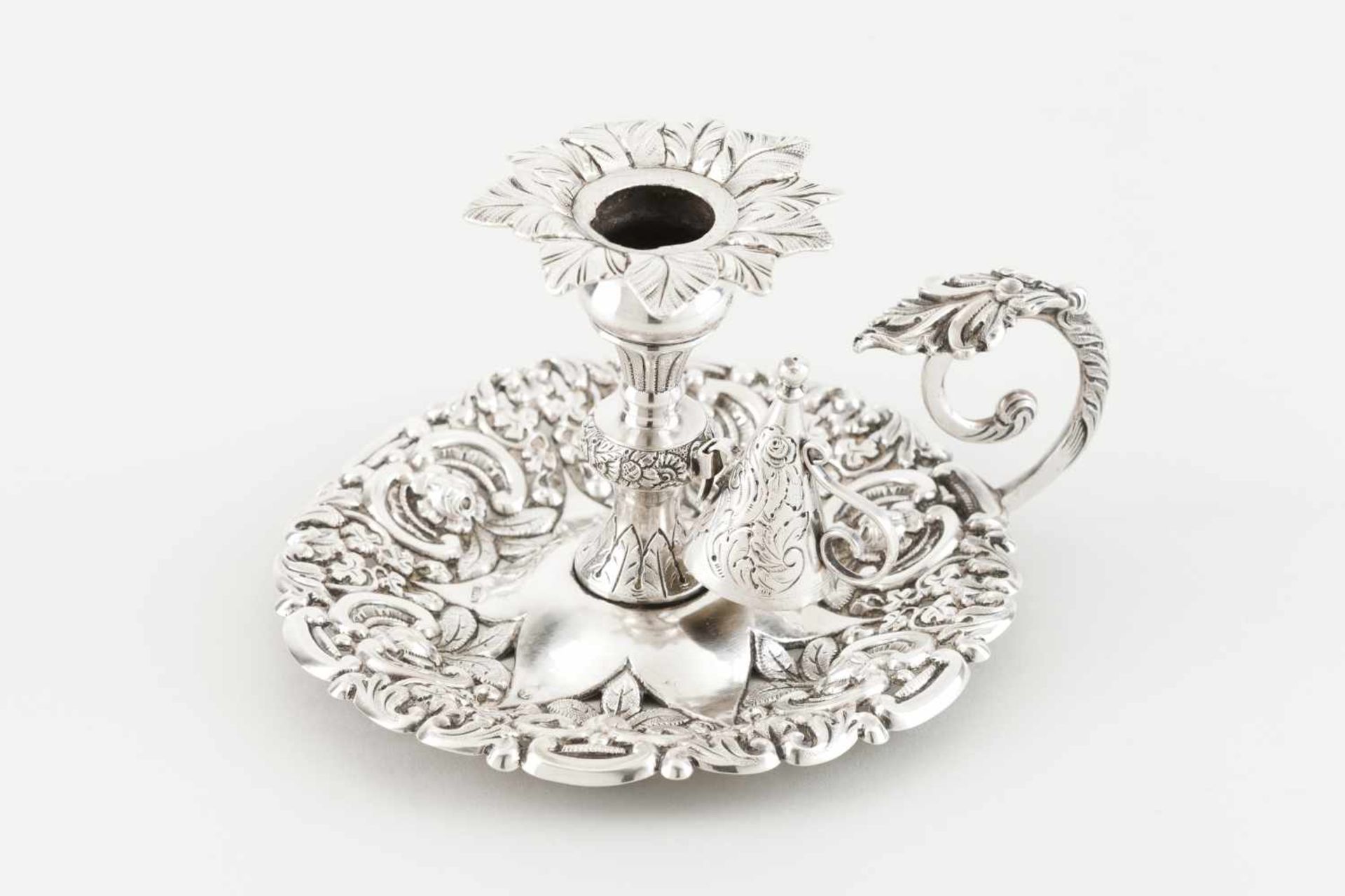 A Chamber stick with snufferPortuguese silverRaised floral and foliage decoration with snuf
