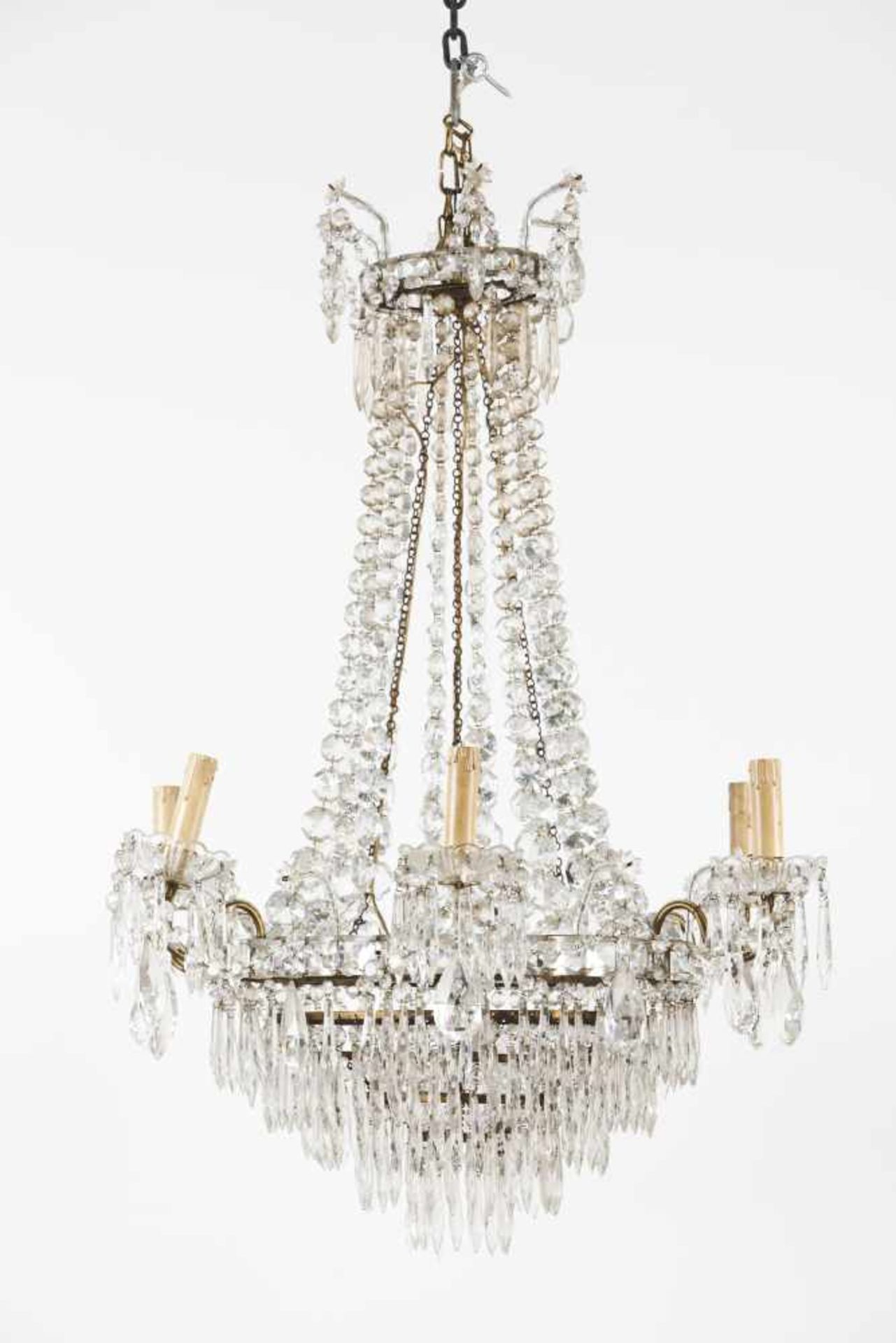 A D.Maria chandelierGlass and crystal dropsMetal, six light framePortugal, 19th cen