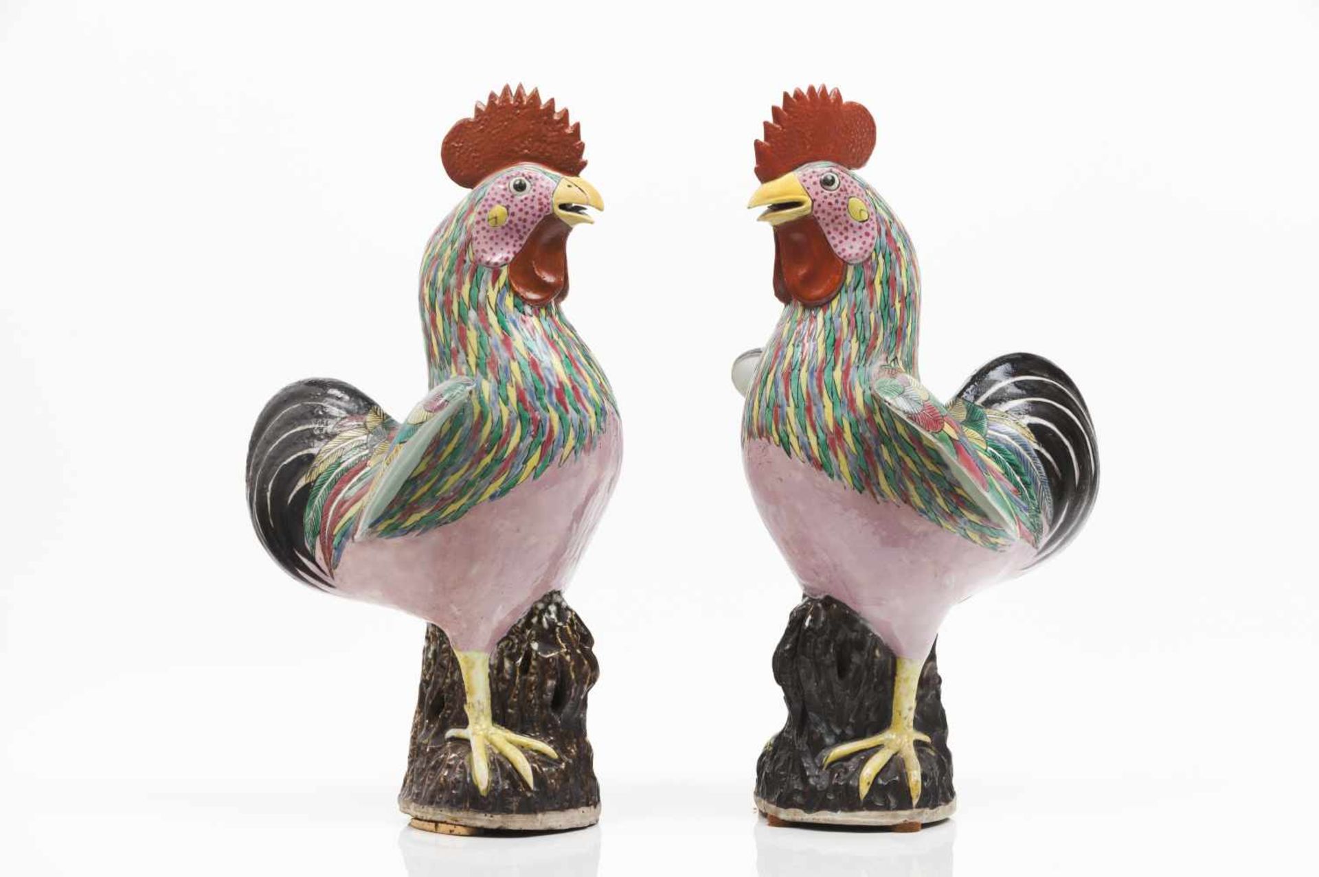 A pair of open winged cockerelsChinese porcelainPolychrome "Famille Rose" enamelled decorat