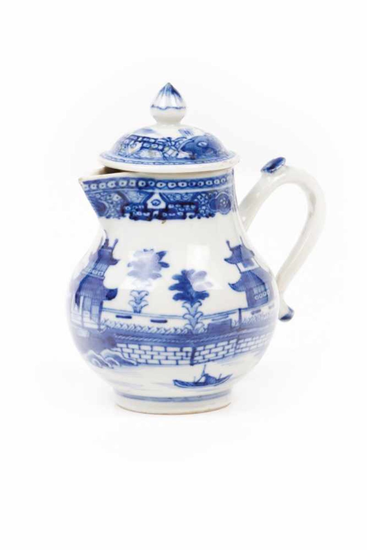 A small milk jug with coverChinese export porcelainBlue underglaze decoration depicting lan