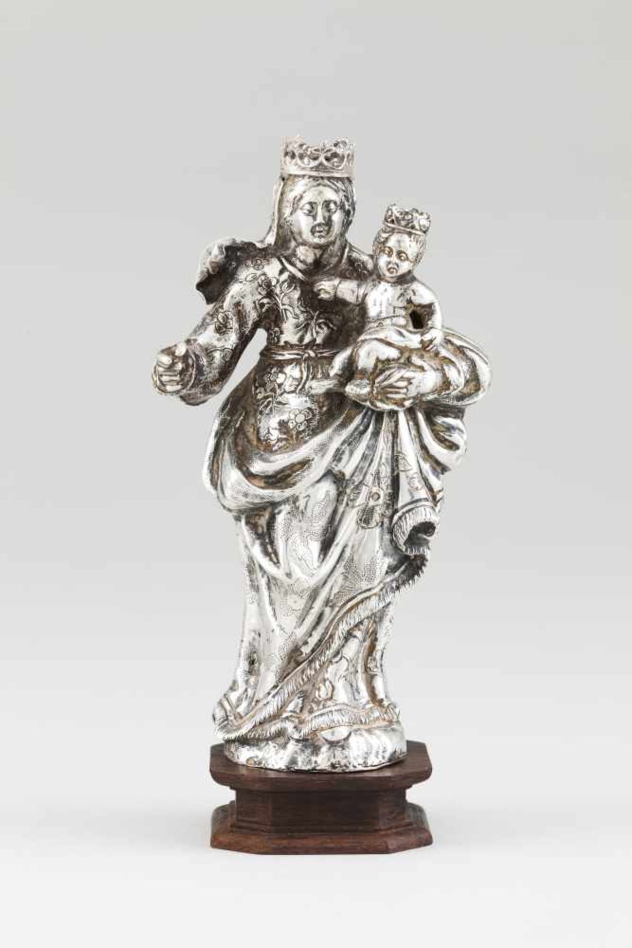 A rare Virgin Mary with The Child JesusSilverRaised decoration with engraved and chiselled