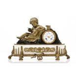 A table clockGilt and patinated bronze depicting a puttoMarble standEnamel face with Roman and