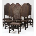 A set of six tall back chairsWalnutTurned legs and stretchers of carved and pierced crestsEngraved