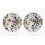 A pair of scalloped platesChinese export porcelainPseudo Tobacco Leaf polychrome "Famille Rose"