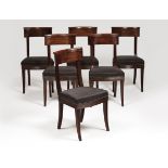 A set of six Directoire chairsMahoganyTextile upholstery seatsFrance, 19th century(restoration)