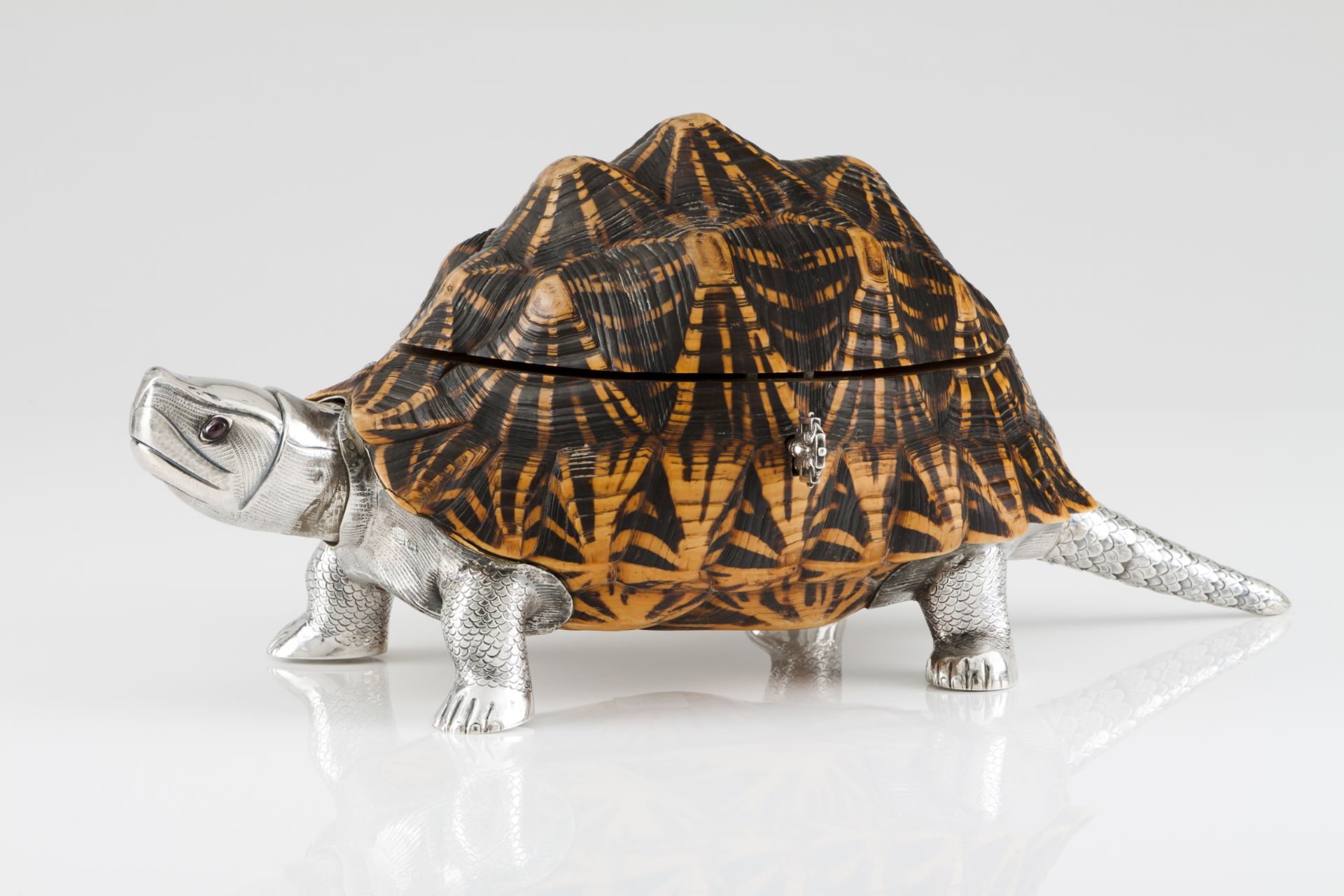 A large Luiz Ferreira tortoiseSilver sculptureShell adapted as jewellery casket of wood lined