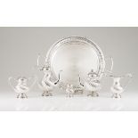 A tea and coffee set with trayPortuguese silverSpiralled fluting decoration to body and cover with
