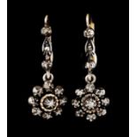 A pair of drop earringsSilver and goldFlower set with small rose cut diamondsOporto hallmark,