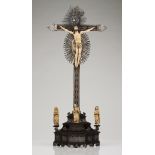 A CalvaryIndo-Portuguese ivory sculptural group depicting Jesus Christ, The Virgin of Sorrows,