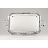 A large trayPortuguese silverPlain tray framed by raised foliage scroll friezeHandles decorated with