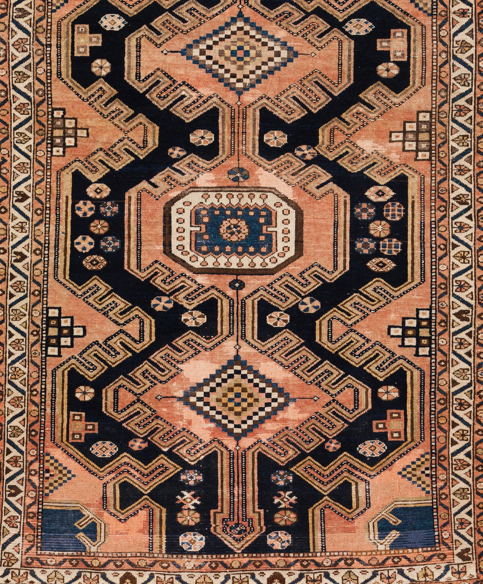 A Malayer rug, IranWool and cotton of floral and geometric pattern in blue, salmon and beige