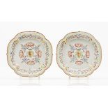 A pair of scalloped saucersChinese export porcelainPolychrome arabesque and scroll decorationCentral