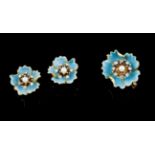 A brooch and earringsPortuguese goldLight blue enamelled flowers set with 3 pearls and 20 8/8 cut