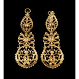 A pair of earringsPortuguese goldPierced floral and scroll decoration with circular pendant