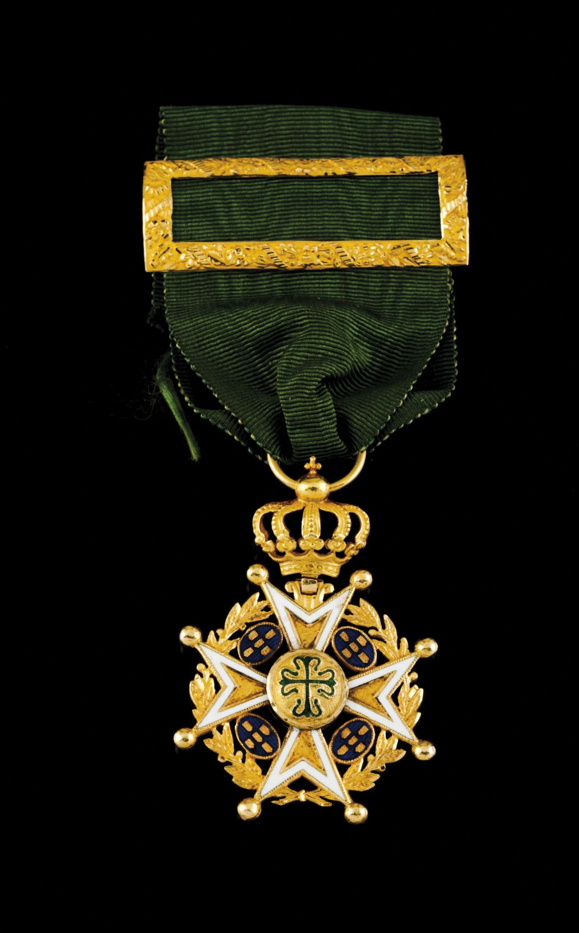 A Knight of Avis Portuguese decoration pendantGold and enamelGreen silk bandPortugal, pre-