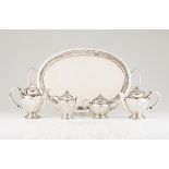 A tea and coffee set with trayPortuguese silverPart fluted body of beaded top and base and plain