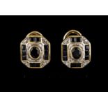 A pair of earringsGoldRectangular shaped of square corners set with two oval cut and 20 carre cut