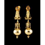 A pair o f earringsPortuguese traditional goldOf chiselled leaf decoration and spherical drop set