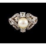 A ringGold and platinumRomantic period pierced decoration set with one pearl (7mm) two antique