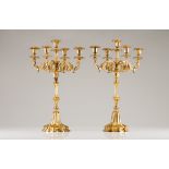 A pair of five branch Napoleon III candelabraGilt bronze(one with restoration)Height: 58 cm