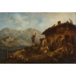 Landscape with mountain, buildings and figuresOil on boardGermany, 19th century(minor losses to