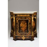 A Napoleon III low cupboardVarious timbers floral marquetry decorationOne drawer and one doorMoulded