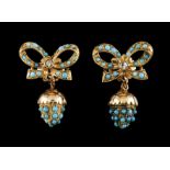 A pair of earringsPortuguese goldA bow with drop acorns set with micro turquoisesOporto hallmark,