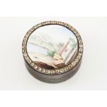 A round lided boxTortoiseshellEnamelled plaque lid of polychrome decoration depicting a riverscape