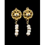 A pair of earringsGoldRose shaped set with table cut diamonds and hanging fresh water pearls (