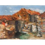 Túlio Victorino (1896-1969)A landscape with houses and figuresOil on panelSigned and dated(date
