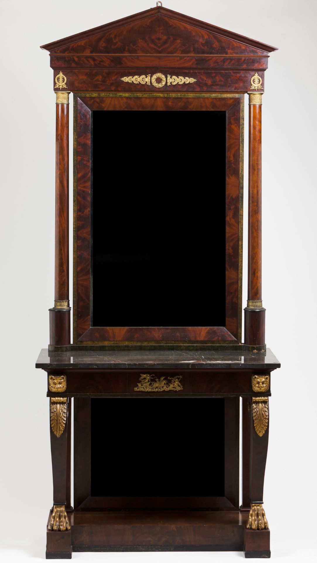 An Empire pier table and mirrorMahogany and burr mahogany veneered timberCarved and gilt