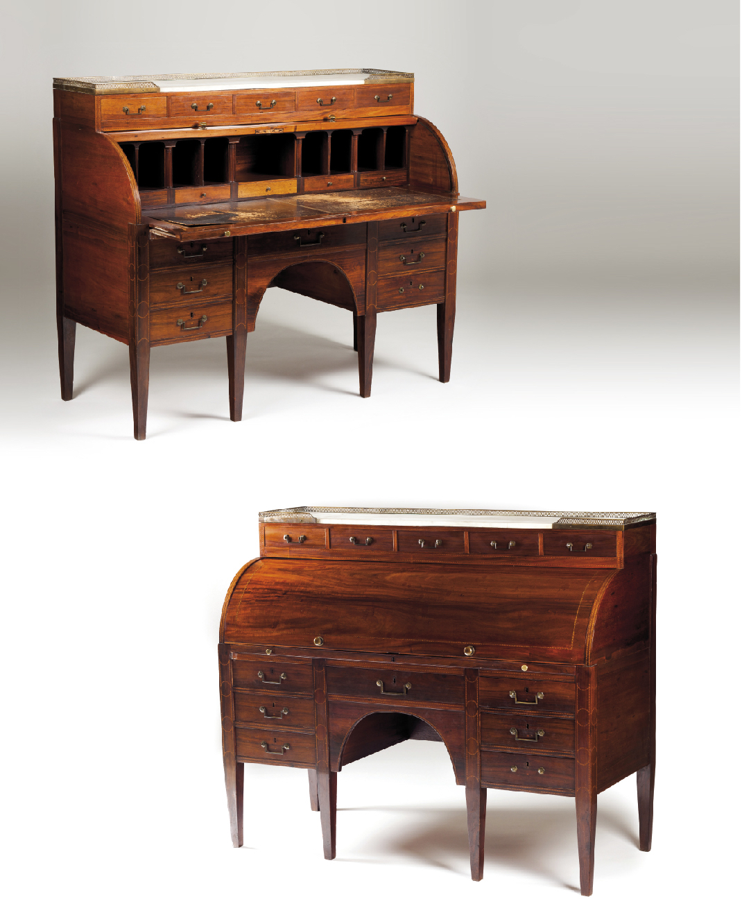 A Louis XVI style secrétaire à cylindreMahoganyMarble top with galleryDecorated with satinwood and