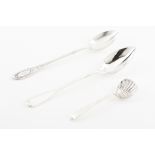 A three spoon setEuropean silverTwo serving spoons and one olives spoonVarious 19th century