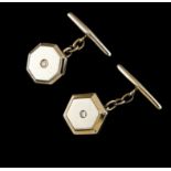 A pair of cufflinksPortuguese goldHexagonal set with two antique brilliant cut diamondsHallmarked