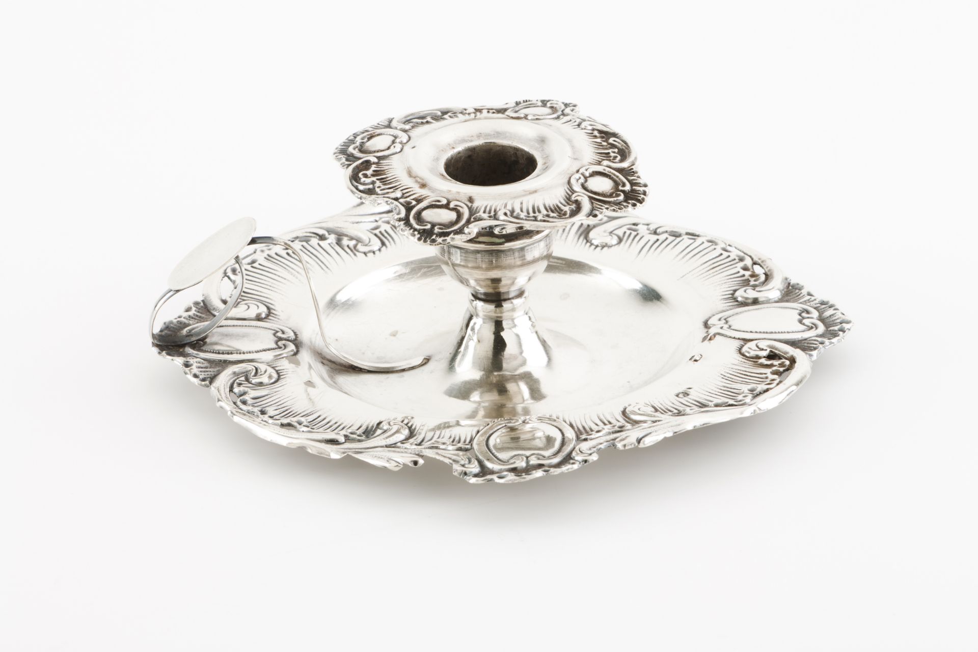A chamber stickPortuguese silverScalloped and pierced base with foliage and blanc cartouche