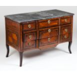 A Louis XVI style commodeRosewood , satinwood and mahogany veneeredProtruding frontThree short and