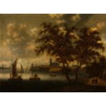 Dutch school, 18th centuryCity view with river, boats and figuresOil on panel49x64 cm