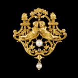 A brooch / PendantGoldRomantic period decoration alluding to love, with putti, flaming torches,