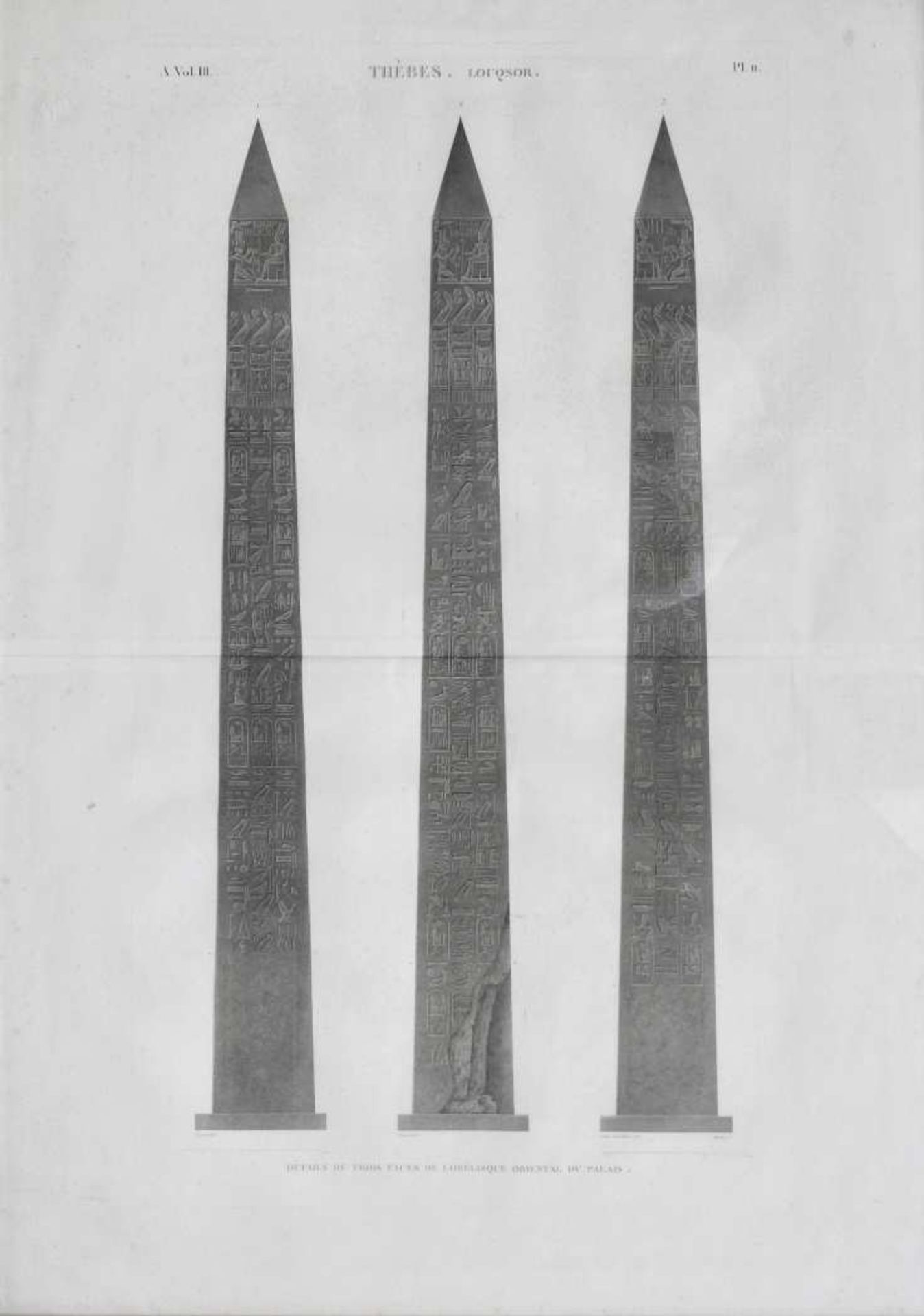 Elévations de trois faces de l'obélisque oriental du Palais, Thèbes, Louqsor (Louxor)Gravure