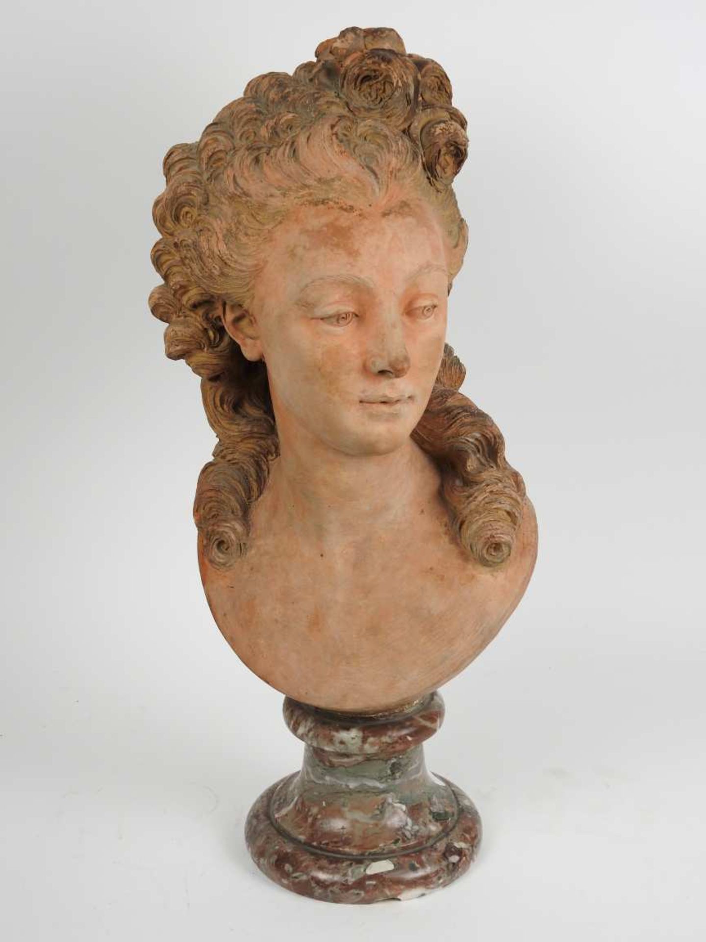 Mademoiselle Camargo en busteTerre cuitePiédouche en marbre brècheSigné J. J. Caffieri à l'